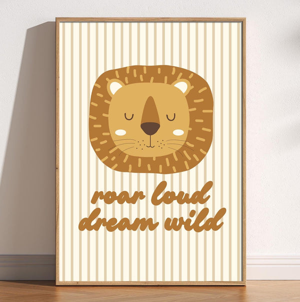 Roar Loud Dream Wild Kids Nursery Print, Cute Lion Wall Art, Kids Retro Boho Bedroom Decor, Children's Illustration, Kids Stripes Wall Art 1876544739