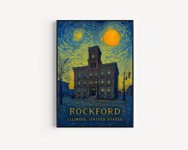 Rockford Poster Print, Rockford Travel Poster, Rockford Van Gogh Style Wall Art, Rockford, Illinois, United States