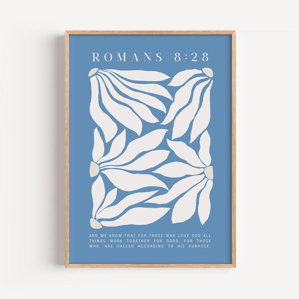 Romans 828 Floral Print, Christian Wall Art, Bible Verse Printable Art, Blue Wall Art, Trendy Dorm Decor, Christian Gift, Downloadable Art 1869185836