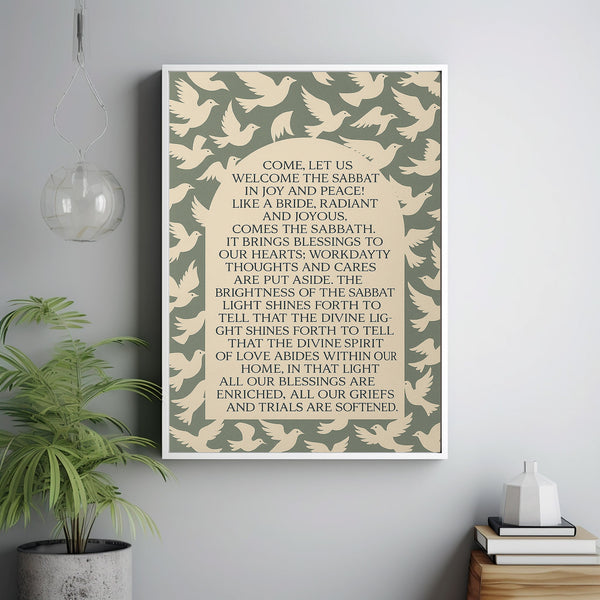 Sabbath Ritual Prayer Print Religious Wall Art Decor for Sabbath  Mid Century Sage Green Bird Art, Religious Gift  Print or Canvas
