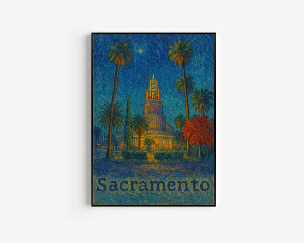 Sacramento California Poster, Canvas Print, USA, Cityscape Architecture, Neon Sign, Palm Trees, City Lights, Home Decor