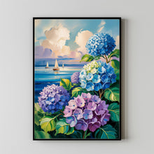 Sailboats Painting  Coastal Wall Art, Blue Hydrangea Art, Trendy Dorm Decor