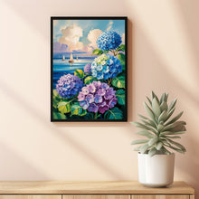 Sailboats Painting  Coastal Wall Art, Blue Hydrangea Art, Trendy Dorm Decor