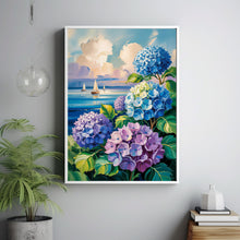 Sailboats Painting  Coastal Wall Art, Blue Hydrangea Art, Trendy Dorm Decor