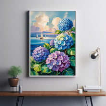 Sailboats Painting  Coastal Wall Art, Blue Hydrangea Art, Trendy Dorm Decor