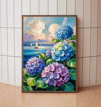 Sailboats Painting  Coastal Wall Art, Blue Hydrangea Art, Trendy Dorm Decor