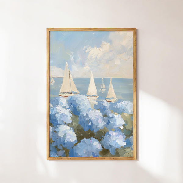Sailboats & Hydrangea Painting Coastal Nautical Art (Digital Download) 1883359045