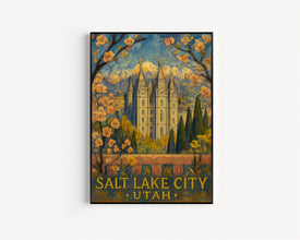 Salt Lake City Utah Travel Print, Mountain Skyline Poster, Mormon Temple Wall Art, Urban Home Decor, Winter Wonderland Gift