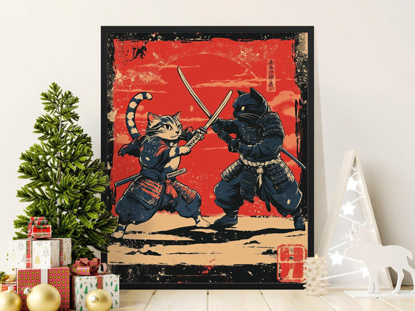 Samurai Cats Duel Epic Japanese Style Poster Print Wall Art Decor Cats with Swords Fighting Print Unique Gift for Cat Lovers 1856303215