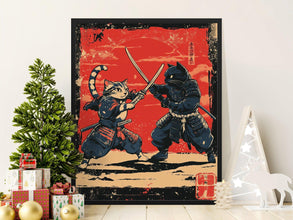 Samurai Cats Duel Epic Japanese Style Poster Print Wall Art Decor Cats with Swords Fighting Print Unique Gift for Cat Lovers 1856303215