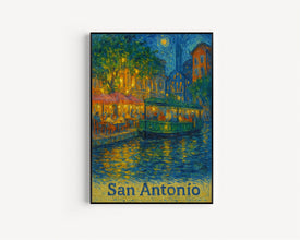 San Antonio, Texas, USA Van Gogh Style Digital Download Riverwalk Scene Art, Travel Poster, Cityscape Print, River Boat Painting