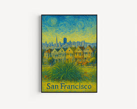 San Francisco USA Van Gogh Style Poster, Canvas, Painted Ladies, Iconic Cityscape, House Art, Wall Decor, Unframed, Framed, Gift
