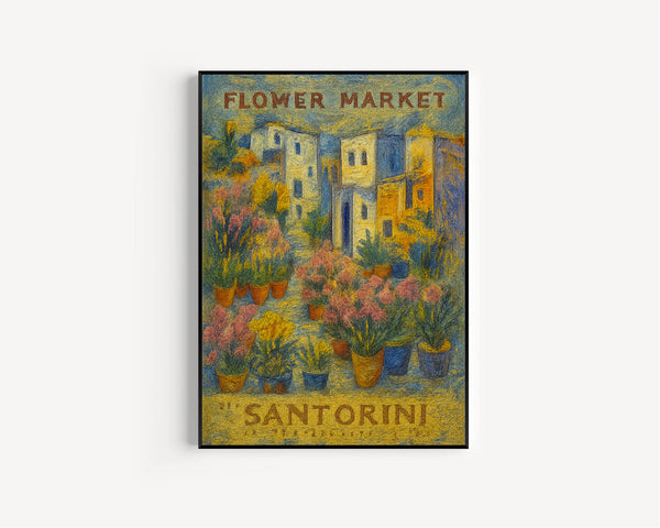 Santorini Flower Market Poster, Greece Travel Art, Large Modern Poster, Botanical Wall Art, Floral Decor Posters, Flower Garden Wall Art