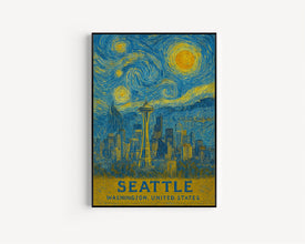 Seattle Poster Print, Seattle Travel Poster, Seattle Van Gogh Style Wall Art, Seattle, Washington, United States