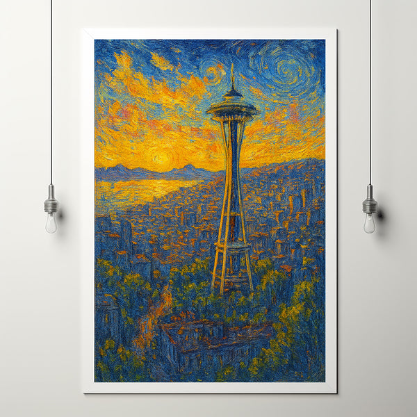 Seattle, USA Space Needle Anime Art, Anime Style Van Gogh style Cityscape Art, Seattle Print, Waifu Art