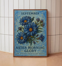 September Flower Market Art Print, Aster Morning Glory 1960s Wall Art, Neutral Pastel Month Flower Poster, Home Decor, C31-363