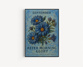 September Flower Market Art Print, Aster Morning Glory 1960s Wall Art, Neutral Pastel Month Flower Poster, Home Decor, C31-363