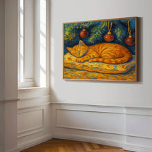Sleeping Cat Art Print, Christmas Wall Art Cute Orange Cat under a Christmas Tree Winter