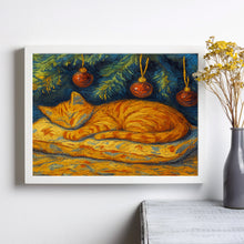 Sleeping Cat Art Print, Christmas Wall Art Cute Orange Cat under a Christmas Tree Winter