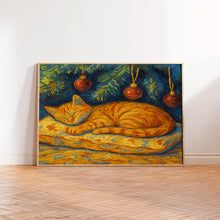 Sleeping Cat Art Print, Christmas Wall Art Cute Orange Cat under a Christmas Tree Winter
