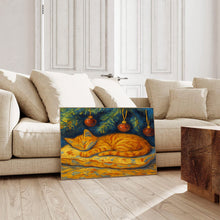 Sleeping Cat Art Print, Christmas Wall Art Cute Orange Cat under a Christmas Tree Winter