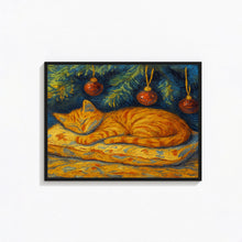 Sleeping Cat Art Print, Christmas Wall Art Cute Orange Cat under a Christmas Tree Winter