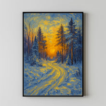 Snow-Laden Pines in Winter Forest Art - Christmas Landscape at Sunset, Rustic Winter Nature Scen