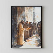 Soft Watercolour Painting of Jesus Giving Food – Inspirational Christian Poster