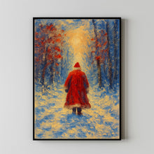 Solitary Santa Walking Through Snowy Forest - Vintage Christmas Wall Art, Cozy Winter Scene