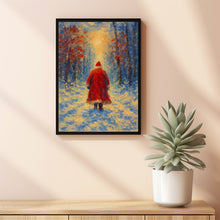 Solitary Santa Walking Through Snowy Forest - Vintage Christmas Wall Art, Cozy Winter Scene