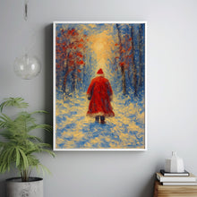 Solitary Santa Walking Through Snowy Forest - Vintage Christmas Wall Art, Cozy Winter Scene