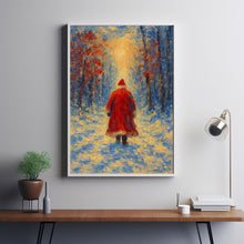 Solitary Santa Walking Through Snowy Forest - Vintage Christmas Wall Art, Cozy Winter Scene