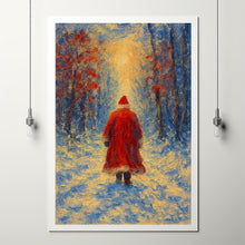 Solitary Santa Walking Through Snowy Forest - Vintage Christmas Wall Art, Cozy Winter Scene