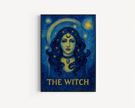 The Witch Tarot Card Style Print - Bohemian Mystical Poster, Spiritual Art, Celestial Sun Moon Decor, Occult, Astrology Art, Good Fortune,