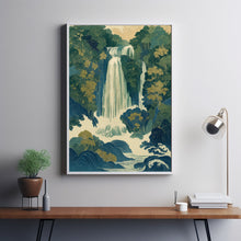 Traditional Hokusai Ukiyo-e Blue green Japanese Waterfall Wall Art Asian Landscape