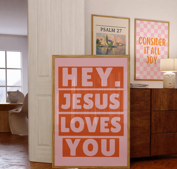 Trendy Christian Wall Art, Jesus Loves You Print, Large Maximalist Poster, Pink Wall Decor for Dorm, Spiritual Printable, Typography Print 1883986561