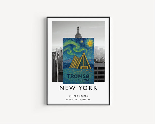 Tromso Norway Poster, Retro Travel Print, Vintage Art, Northern Lights, Aurora Borealis, Arctic Cathedral, Norwegian Fjords, Midnight Sun