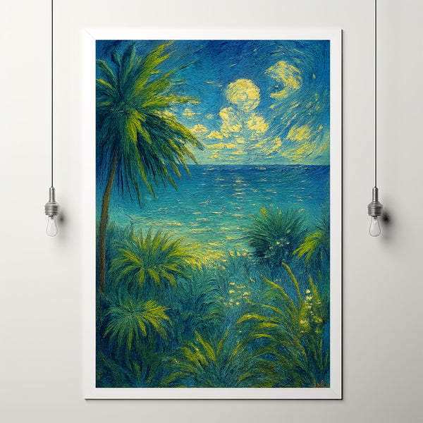 Tulum Mexico, Anime Style, Van Gogh style Beach, Palm Trees, Ocean View, Tropical Scenery, Coastal Art, Wall Decor, Mexico Travel Print