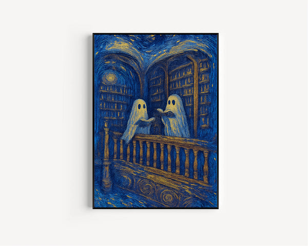 Two cute ghosts in a library print, romantic dark academia, moody cottagecore spooky decor vintage poster, gothic painting, reading ghost
