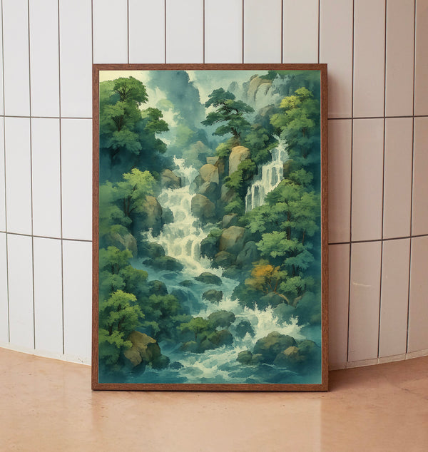 Ukiyo-e Hokusai Blue Green Japanese Waterfall Wall Art Traditional Asian Landscape