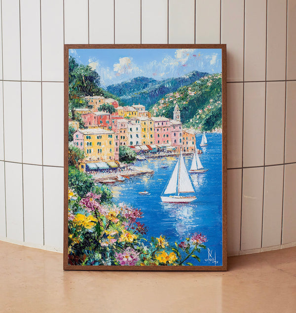 Vibrant Portofino Sailboats Poster – Nautical Wall Art from Italy
