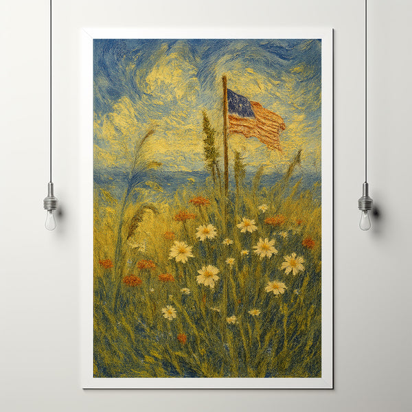 Vintage American Flag Art Decor, Patriotic Flag with Wildflower Farmhouse Decor
