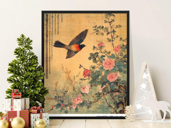 Vintage Bird and Floral Art Print, Nature-Inspired Wall Decor, Japanese Style Poster, Elegant Bird and Flowers Design 1866050571