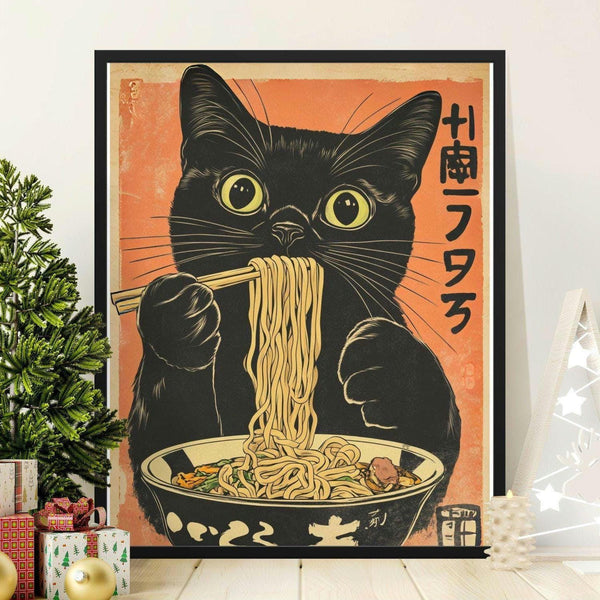 Vintage Black Cat Eating Ramen Poster, Retro Japanese Style Cat Art Print, Funny Kitchen Wall Decor, Unique Gift for Cat Lovers 1831247725