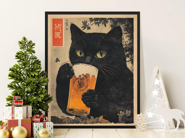 Vintage Black Cat with Beer Japanese Art Print, Black Cat Drinking Beer Poster, Retro Cat Lover Decor, Unique Vintage Wall Art 1863605567
