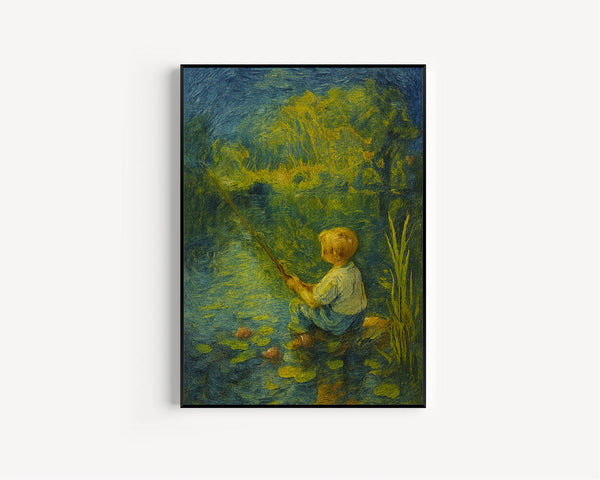 Vintage Boys Room Art, Boy Fishing in a Pond Wall Art  Wall Decor,  Boys Nursery Artwork