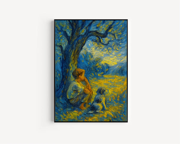 Vintage Boys Room Art, Boy and Dog Under a Tree Wall Art Nature  Wall Artful Decor,  Kids Nursery Artwork