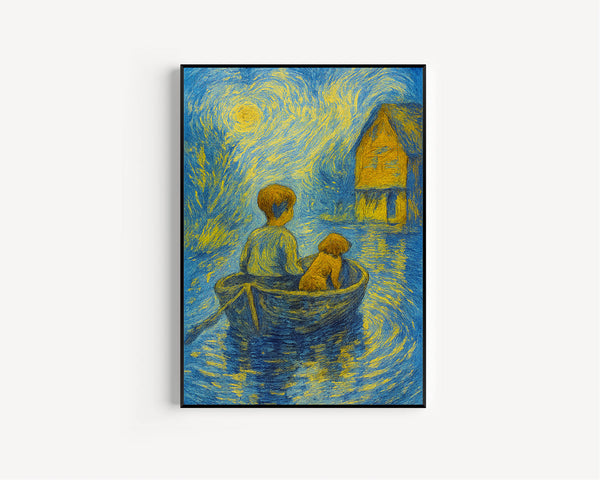 Vintage Boys Room Art, Boy and Dog on Boat Wall Art  Wall Artful Decor,  Boys Nursery Artwork