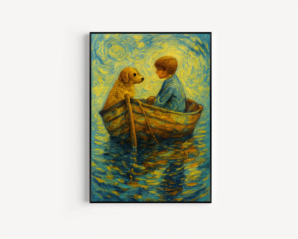 Vintage Boys Room Art, Boy and Dog on Boat Wall Art  Wall Decor,  Boys Nursery Artwork