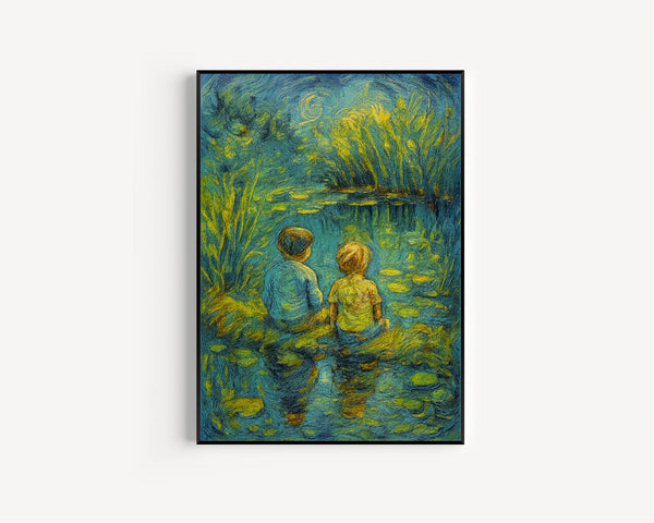 Vintage Boys Room Art, Boy by Pond Oil Wall Art   Wall Art, Nursery Decor, Farmhouse Kids Room Artwork